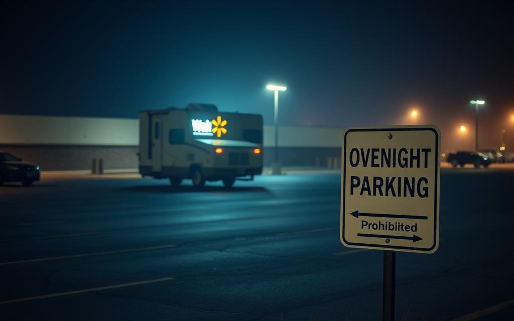 A Dimly Lit Walmart Parking Lot At Night, With A Lone Rv Or Camper Van Parked Discreetly In The Corner. The Scene Is Illuminated By The Warm Glow Of The Store'S Exterior Lights, Casting Soft Shadows Across The Asphalt. In The Foreground, A &Quot;Overnight Parking Prohibited&Quot; Sign Stands As A Silent Warning, Its Message Contrasting With The Tranquil Atmosphere. The Background Is Hazy, With The Faint Outlines Of Other Vehicles And The Distant Streetlights, Creating A Sense Of Isolation And Ambiguity. The Overall Mood Is One Of Subtle Tension, As The Viewer Ponders The Realities Of Overnight Parking Policies In This Ubiquitous Retail Setting.