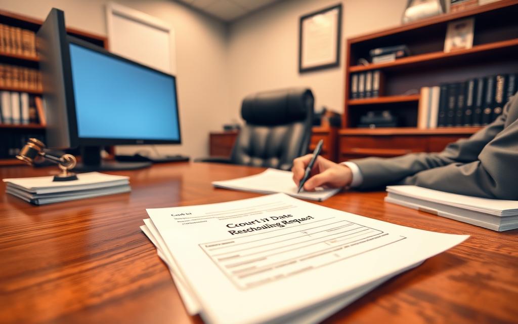 A Neatly Organized Office With A Sturdy Oak Desk, A Computer Monitor, And A Stack Of Legal Documents. In The Foreground, A Person In Business Attire Sits At The Desk, Filling Out A Form Labeled &Quot;Court Date Rescheduling Request.&Quot; The Lighting Is Warm And Inviting, Creating A Professional Atmosphere. The Angle Is Slightly Elevated, Allowing The Viewer To See The Process Unfold. The Background Features A Bookshelf And A Framed Certificate, Suggesting An Experienced Legal Practitioner. The Overall Mood Is One Of Diligence And Attention To Detail, Reflecting The Importance Of The Task At Hand.