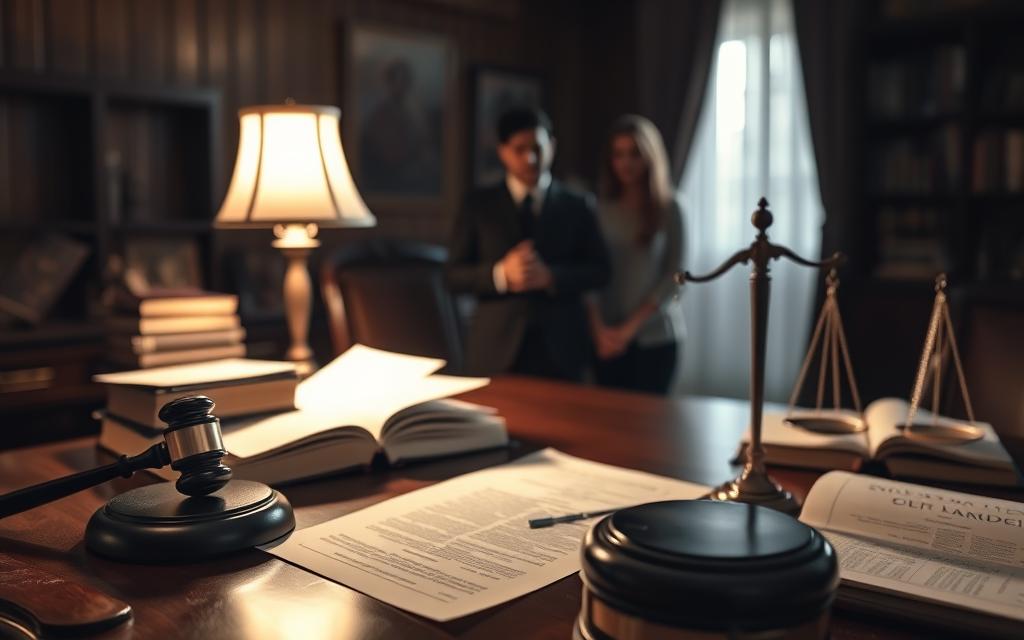 A Dimly Lit Room, Law Books And Documents Scattered Across A Mahogany Desk, Casting Long Shadows From A Single Lamp. In The Foreground, A Gavel And A Symbol Of Balance, Representing The Legal Implications Of A Common-Law Marriage. The Middle Ground Features A Couple, Their Hands Clasped, Expressions Pensive, Contemplating The Weight Of Their Domestic Partnership. Soft, Warm Lighting Highlights The Subtle Details, Creating An Atmosphere Of Contemplation And Seriousness. The Background Blurs Into A Subtle Haze, Emphasizing The Complexity And Gravity Of The Subject Matter.