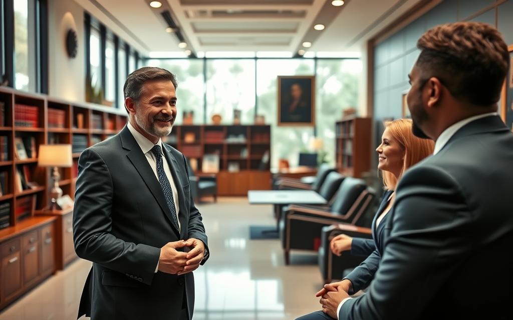 A Law Office Interior With Floor-To-Ceiling Windows, Warm Lighting, And A Modern, Minimalist Design. In The Foreground, A Confident, Approachable Lawyer In A Tailored Suit Consults With A Client, Their Expressions Conveying Trust And Empathy. The Background Features Bookshelves, Awards, And Artifacts That Suggest A Wealth Of Legal Expertise. The Overall Atmosphere Emanates Professionalism, Competence, And A Client-Centric Focus, Inviting The Viewer To Envision The Personalized, Attentive Legal Representation. A Law Office Interior With Floor-To-Ceiling Windows, Warm Lighting, And A Modern, Minimalist Design. In The Foreground, A Confident, Approachable Lawyer In A Tailored Suit Consults With A Client, Their Expressions Conveying Trust And Empathy. The Background Features Bookshelves, Awards, And Artifacts That Suggest A Wealth Of Legal Expertise. The Overall Atmosphere Emanates Professionalism, Competence, And A Client-Centric Focus, Inviting The Viewer To Envision The Personalized, Attentive Legal Representation.