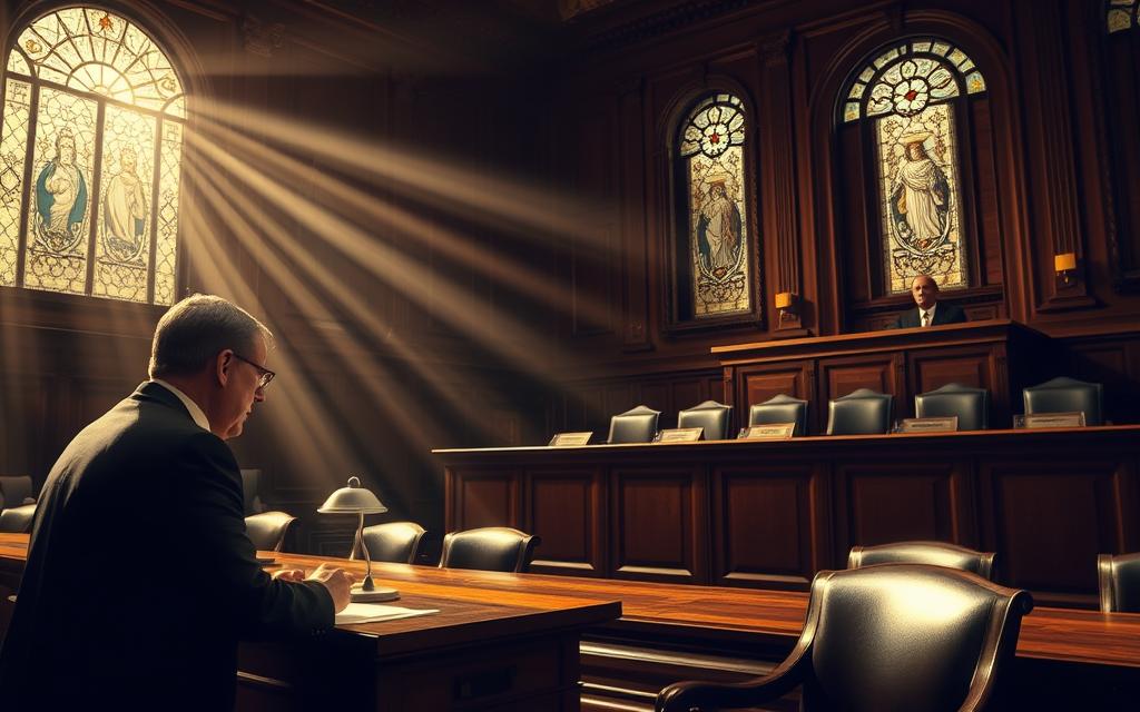 Prompt A Dimly Lit Courtroom, The Air Heavy With The Weight Of Justice. In The Foreground, A Defense Attorney Passionately Argues Their Case, Their Face Illuminated By The Soft Glow Of The Desk Lamp. The Judge, A Stoic Figure, Observes From The Raised Bench, Their Expression Unreadable. In The Background, The Jury Box Stands Empty, A Silent Reminder Of The Gravity Of The Proceedings. The Room Is Bathed In A Warm, Sepia-Toned Light, Creating A Sense Of Timelessness And Solemnity. Beams Of Sunlight Stream Through The Stained-Glass Windows, Casting Intricate Patterns On The Polished Wood And Worn Leather Chairs. This Scene Captures The Essence Of The Criminal Justice System, Where Justice Is Fought For And Decisions Are Made That Can Forever Change The Lives Of Those Involved. Prompt A Dimly Lit Courtroom, The Air Heavy With The Weight Of Justice. In The Foreground, A Defense Attorney Passionately Argues Their Case, Their Face Illuminated By The Soft Glow Of The Desk Lamp. The Judge, A Stoic Figure, Observes From The Raised Bench, Their Expression Unreadable. In The Background, The Jury Box Stands Empty, A Silent Reminder Of The Gravity Of The Proceedings. The Room Is Bathed In A Warm, Sepia-Toned Light, Creating A Sense Of Timelessness And Solemnity. Beams Of Sunlight Stream Through The Stained-Glass Windows, Casting Intricate Patterns On The Polished Wood And Worn Leather Chairs. This Scene Captures The Essence Of The Criminal Justice System, Where Justice Is Fought For And Decisions Are Made That Can Forever Change The Lives Of Those Involved.